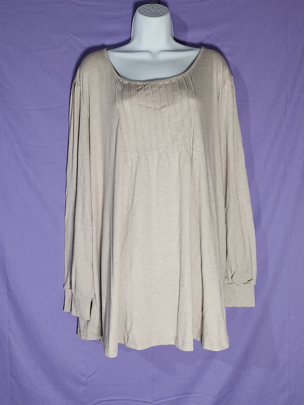 Beige Long Sleeve Pleated Front Tunic Top